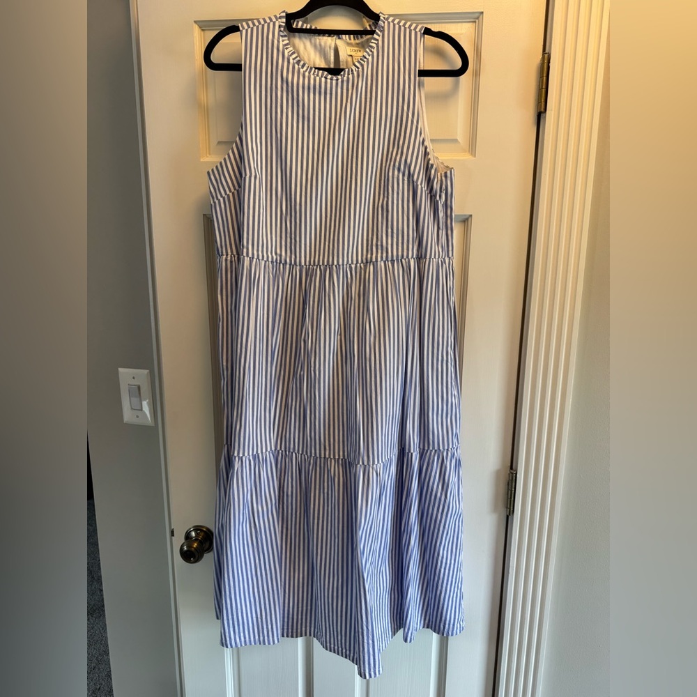 J. Crew Factory Blue & White Striped Midi Tiered Dress